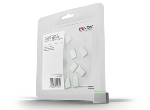 Lindy USB-C Port Blocker Kit, Green (1x Key, 4x Locks) | 40438 Port Blockers Lindy