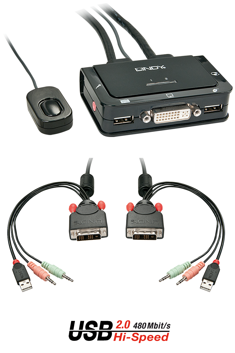 Lindy 2 Port DVI-D Single Link, USB 2.0 & Audio Cable KVM Switch - 42341 Switches Lindy