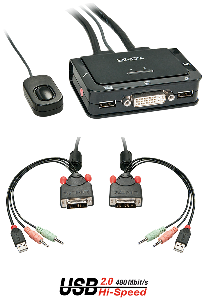 Lindy 2 Port DVI-D Single Link, USB 2.0 & Audio Cable KVM Switch - 42341 Switches Lindy