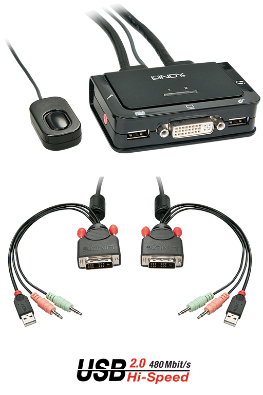 Lindy 2 Port DVI-D Single Link, USB 2.0 & Audio Cable KVM Switch - 42341 Lindy Kvm Switch Lindy