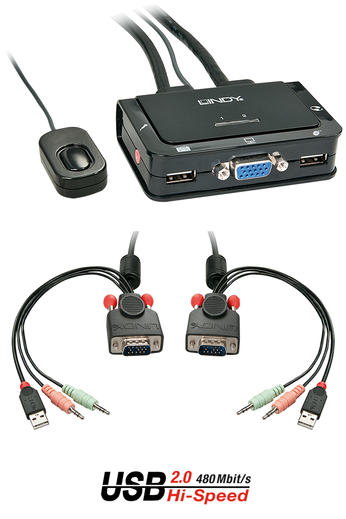 Lindy 2 Port VGA, USB 2.0 & Audio Cable KVM Switch | 42342 Switches Lindy