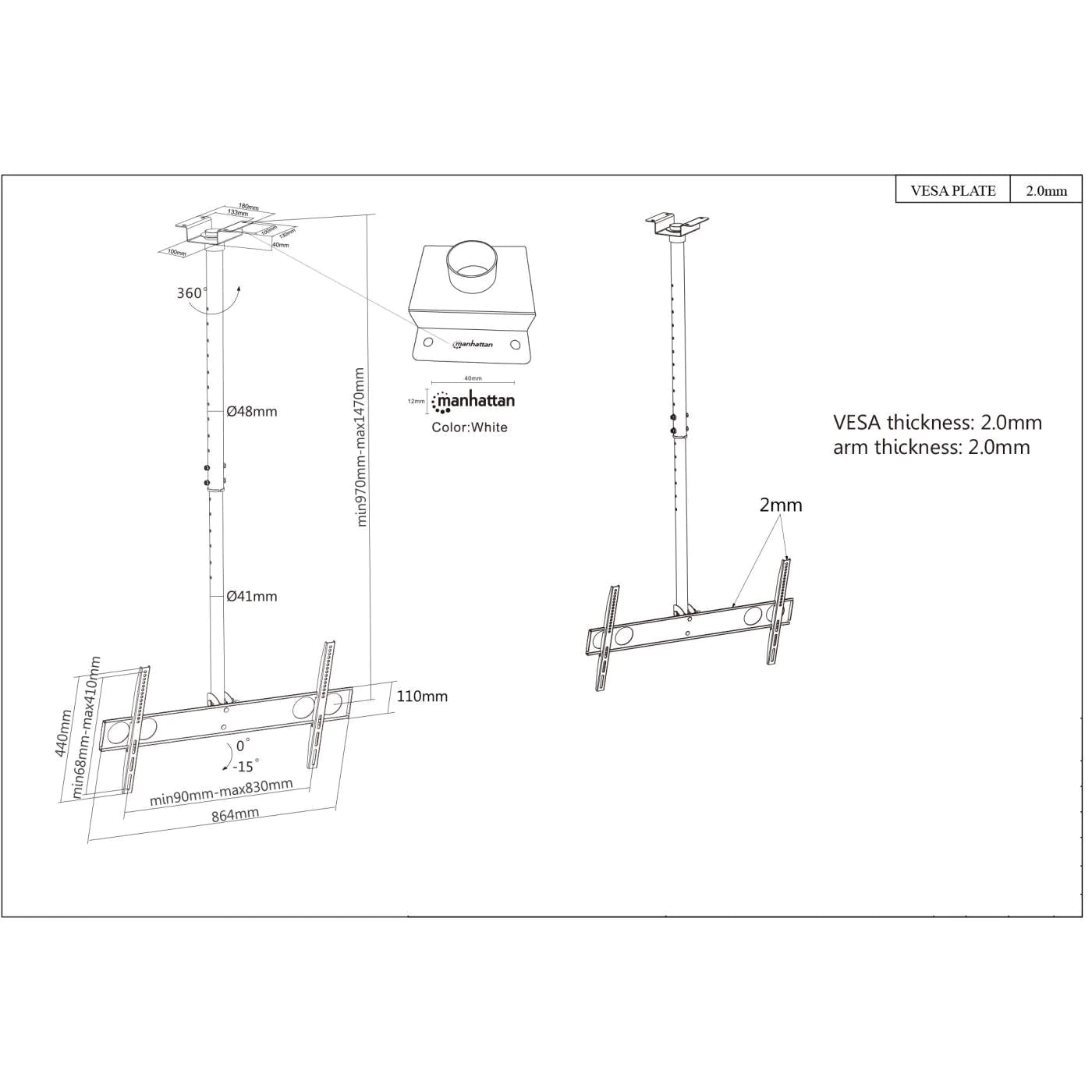 Manhattan Ceiling Mount for 37"-70" TVs with Adjustable 105–156 cm Pole | 423625 Ceiling Mount Bracket Manhattan