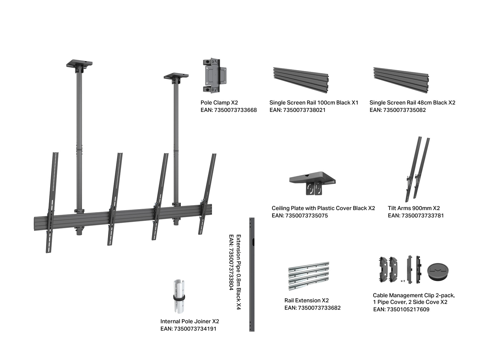 Multibrackets MBC2UHD M Pro 1.5m 2-Screen Ceiling Mount For Up to 86" Screens | 7340234814244 Ceiling Mount Bracket Multibrackets