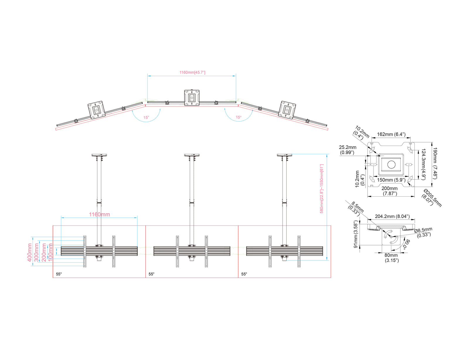 Multibrackets MBC3X1U M Pro 3m 3-Screen Curved Ceiling Mount For 40"-65" Screens | 7340234814275 Ceiling Mount Bracket Multibrackets
