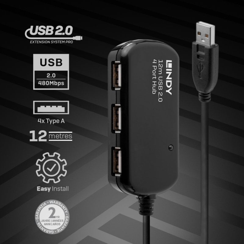 Lindy 12m USB 2.0 Active Extension Pro 4 Port Hub | 42783 USB Hub & Docking Station Lindy