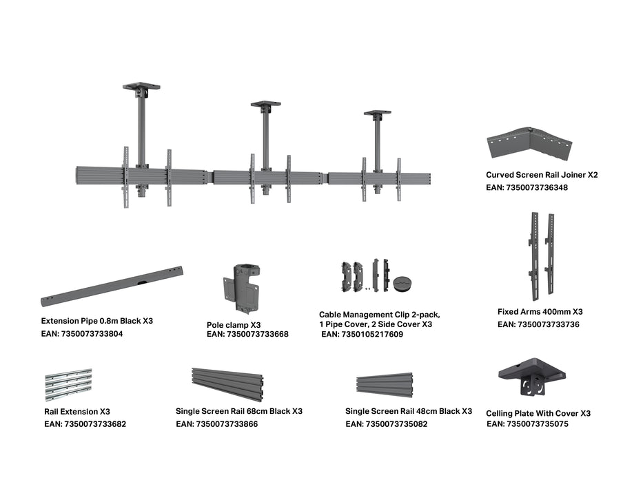Multibrackets M Menu Board Pro 3-Screen Curved Ceiling Mount For 40"-65" Screen | VESA 600x400