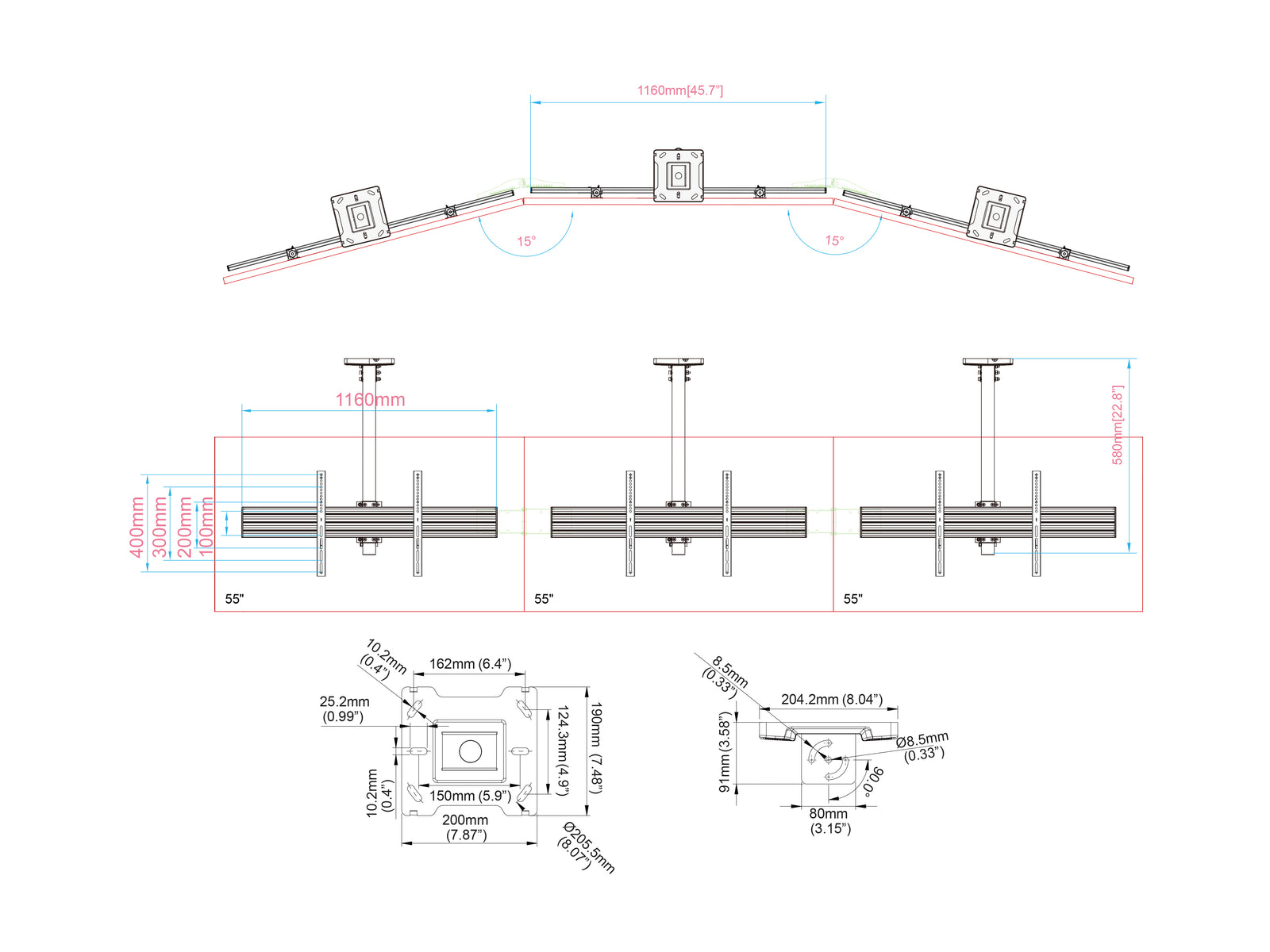 Multibrackets M Menu Board Pro 3-Screen Curved Ceiling Mount For 40"-65" Screen | VESA 600x400 Ceiling Mount Bracket Multibrackets