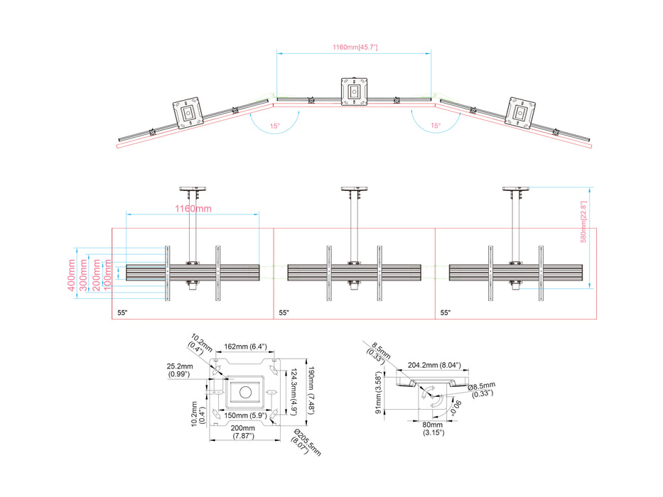 Multibrackets M Menu Board Pro 3-Screen Curved Ceiling Mount For 40"-65" Screen | VESA 600x400