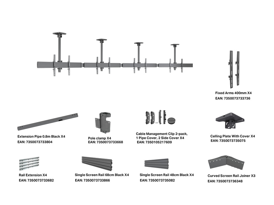 Multibrackets M Menu Board 4-Screen Curved Ceiling Mount For 40"-65" Screen | VESA 600x400