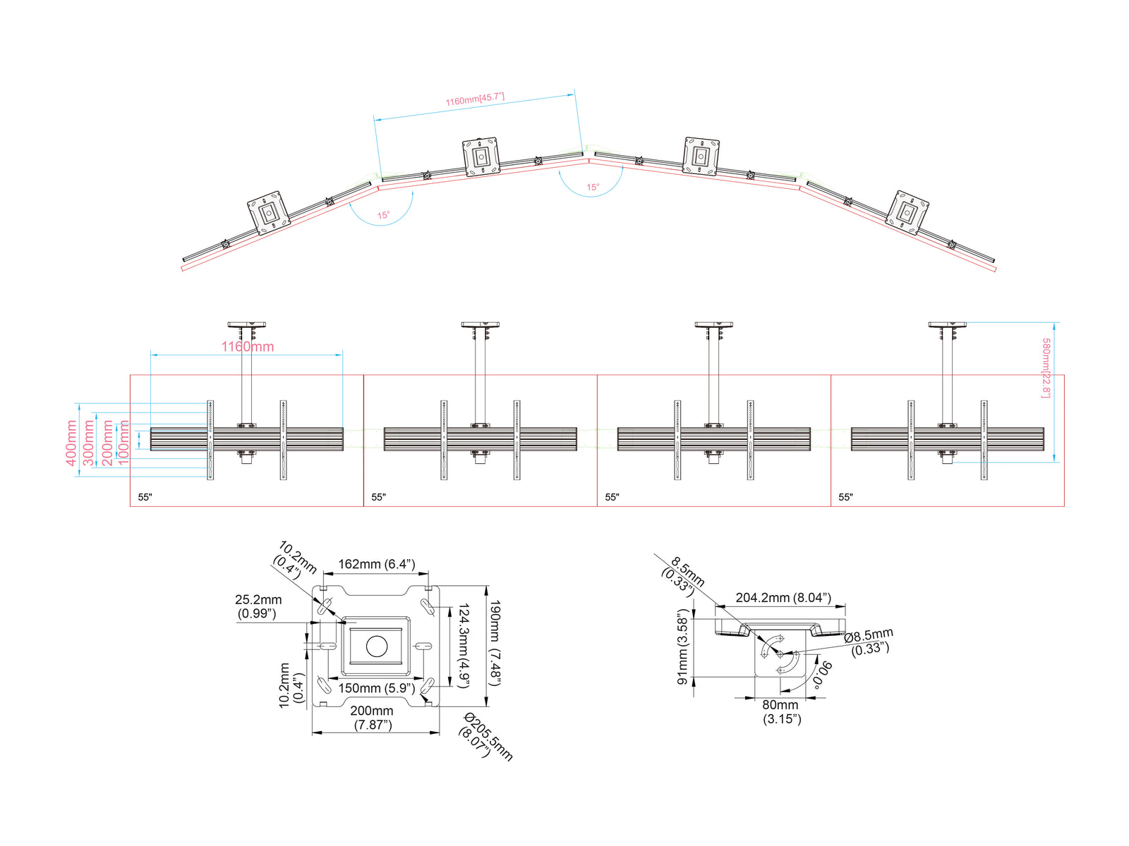 Multibrackets M Menu Board 4-Screen Curved Ceiling Mount For 40"-65" Screen | VESA 600x400 Ceiling Mount Bracket Multibrackets