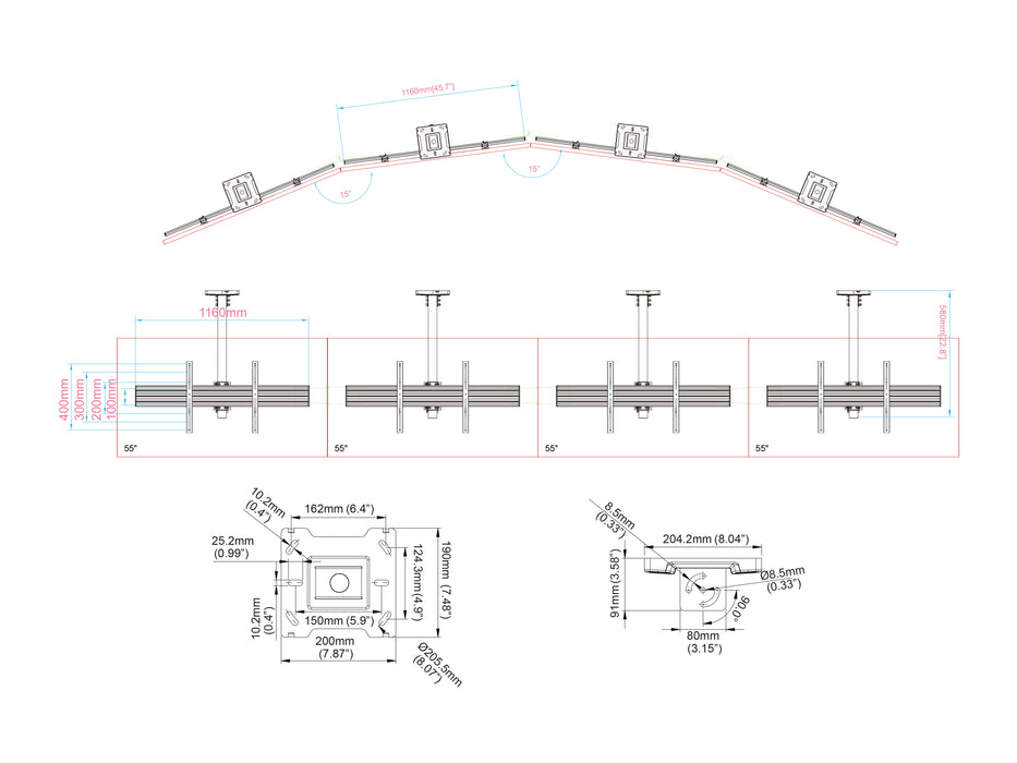 Multibrackets M Menu Board 4-Screen Curved Ceiling Mount For 40"-65" Screen | VESA 600x400