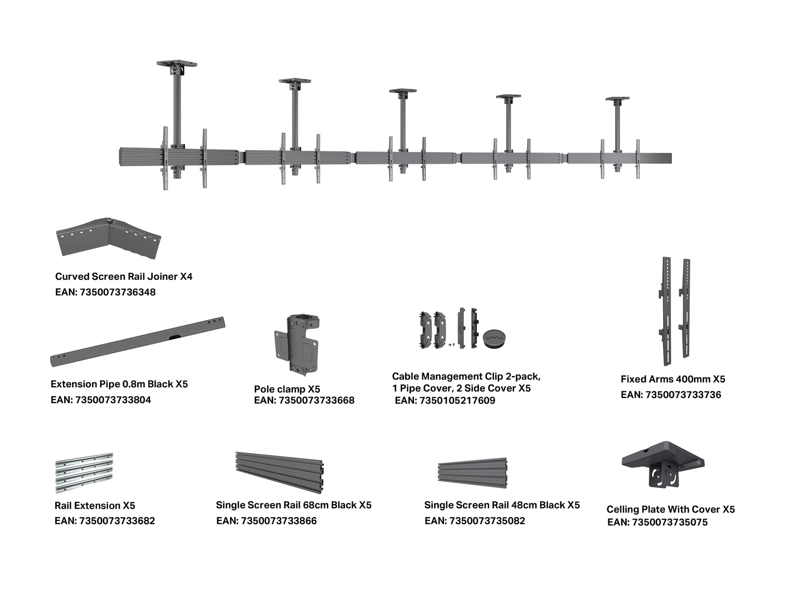 Multibrackets M Menu Board Pro 5-Screen Ceiling Mount For 40"-65" Screen | VESA 600x400 Ceiling Mount Bracket Multibrackets