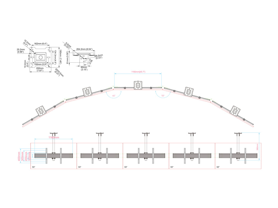 Multibrackets M Menu Board Pro 5-Screen Ceiling Mount For 40"-65" Screen | VESA 600x400