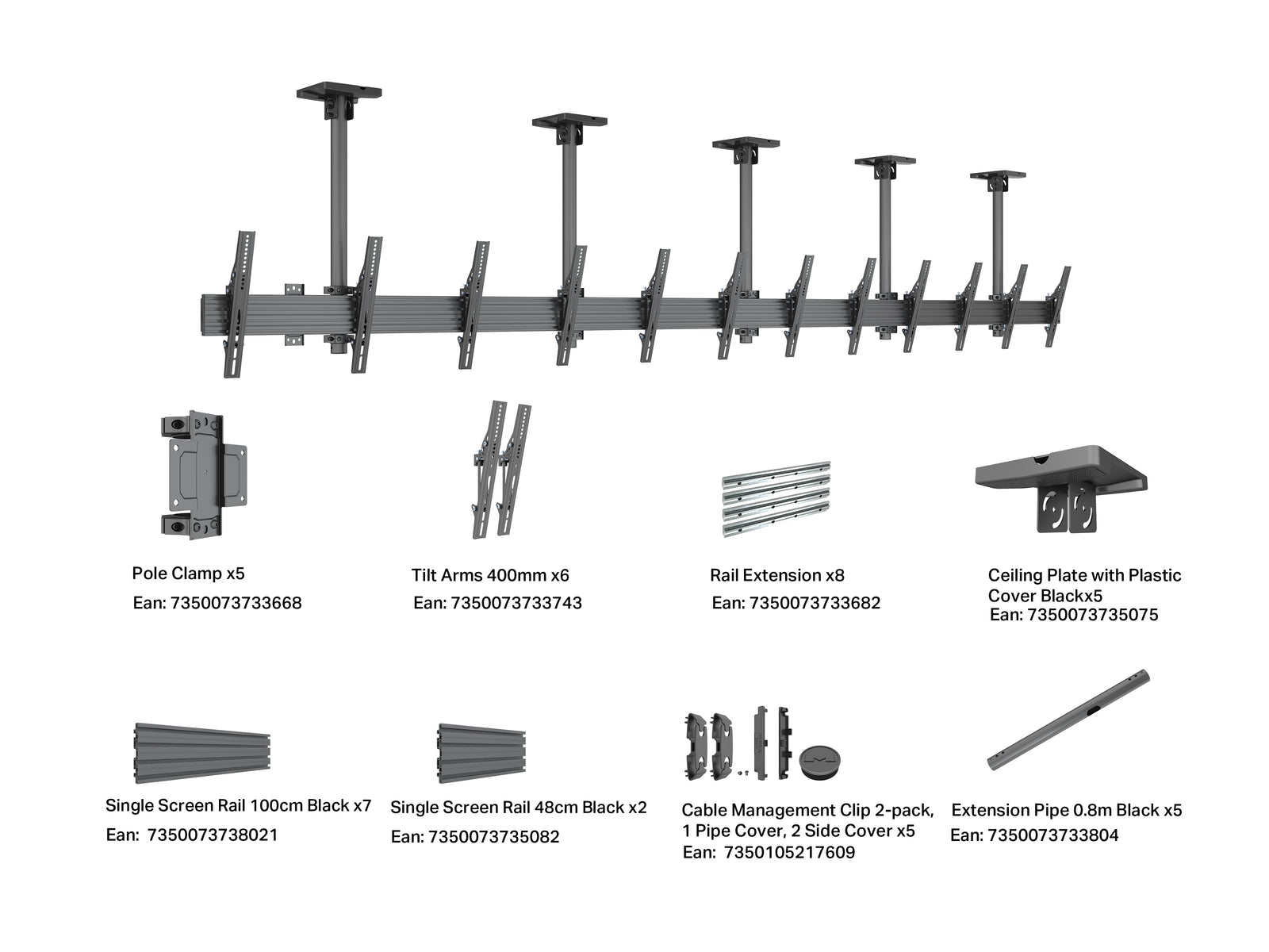 Multibrackets M Menu Board Pro 6-Screen Ceiling Mount For 40"-65" Screen | VESA 400x400 Ceiling Mount Bracket Multibrackets