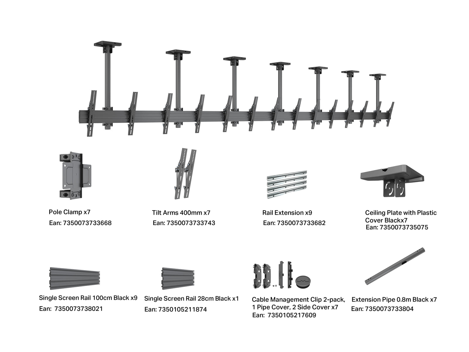 Multibrackets M Menu Board Pro 7-Screen Ceiling Mount For 40"-65" Screen | VESA 400x400 Ceiling Mount Bracket Multibrackets