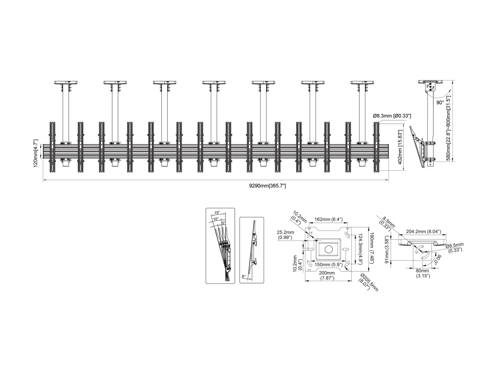 Multibrackets M Menu Board Pro 7-Screen Ceiling Mount For 40"-65" Screen | VESA 400x400 Ceiling Mount Bracket Multibrackets
