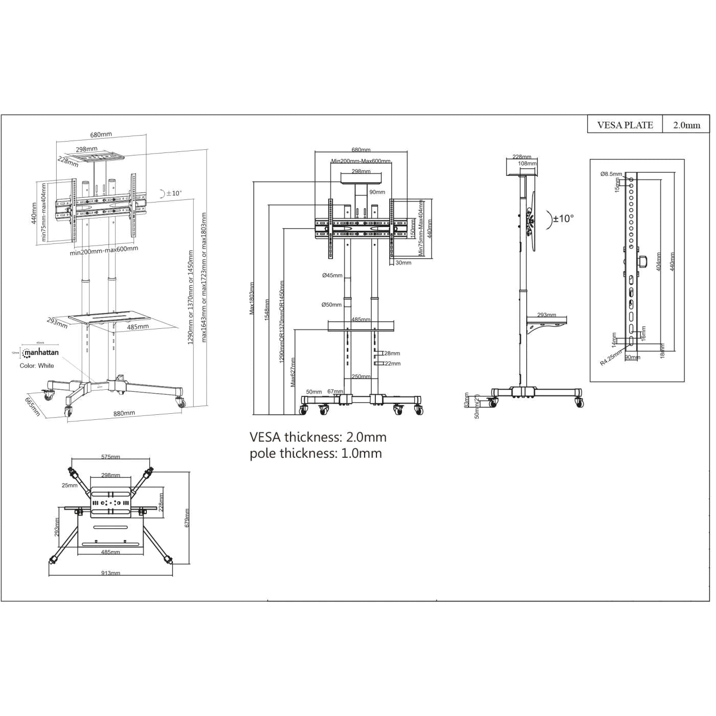 Manhattan 37" to 70" Height-Adjustable Mobile Display Trolley | 461238 Mobile Trolley Manhattan
