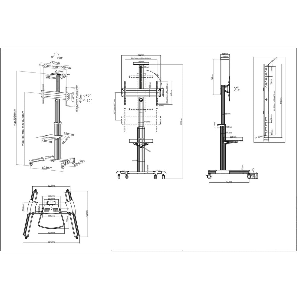 Manhattan 37" - 86" Aluminum Height-Adjustable Multimedia TV Cart | 461245 Mobile Trolley Manhattan
