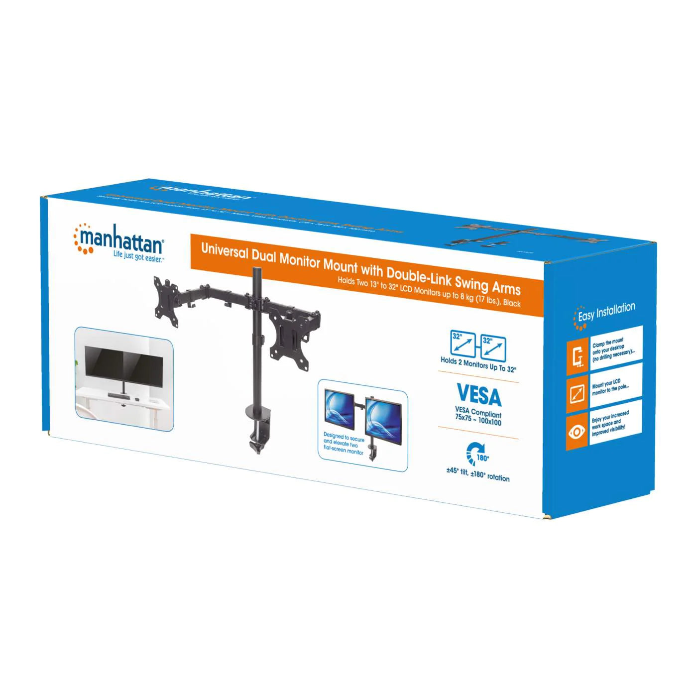Manhattan Up to 32" Universal Dual Monitor Mount With Double-Link Swing Arms | 461528 Monitor Arm Desk Mount Manhattan