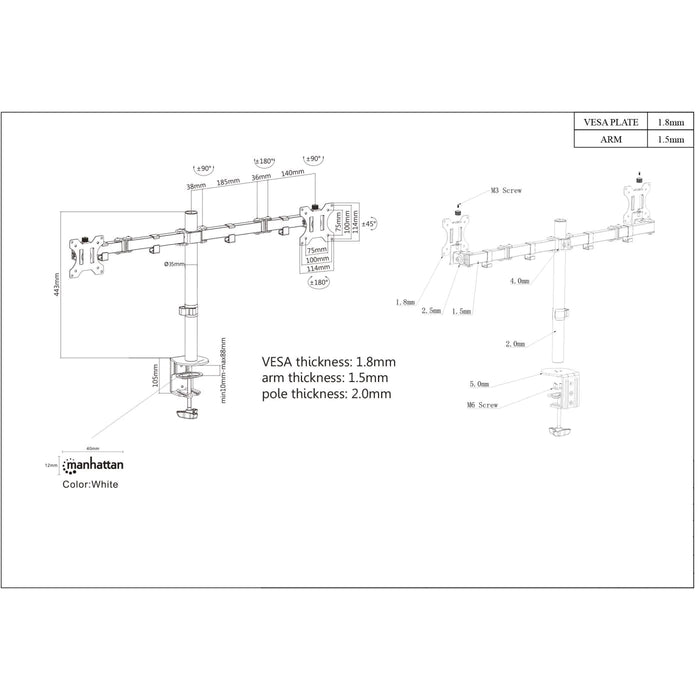 Manhattan 461528 Universal Dual Monitor Mount With Double-Link Swing Arms