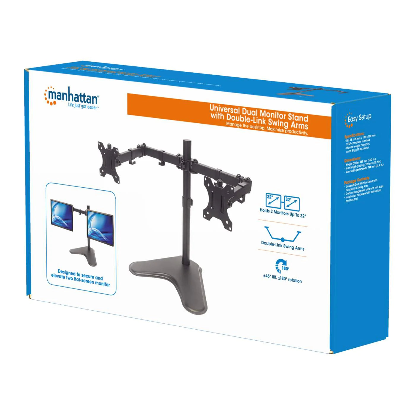 Manhattan 13" - 32" Universal Dual Monitor Stand With Double-Link Swing Arms | 461559 Monitor Arm Desk Mount Manhattan