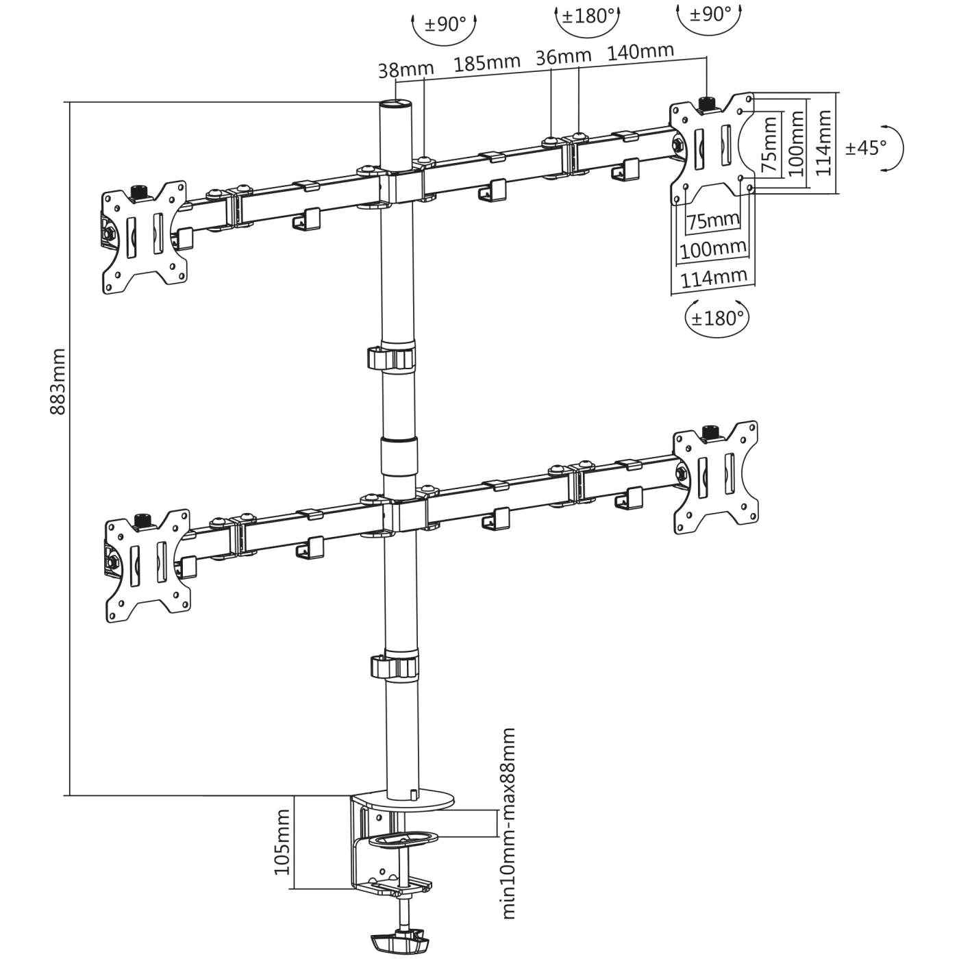 Manhattan 13" - 32" Quad LCD Monitor Mount with Double-Link Swing Arms | 461566 Monitor Arm Desk Mount Manhattan