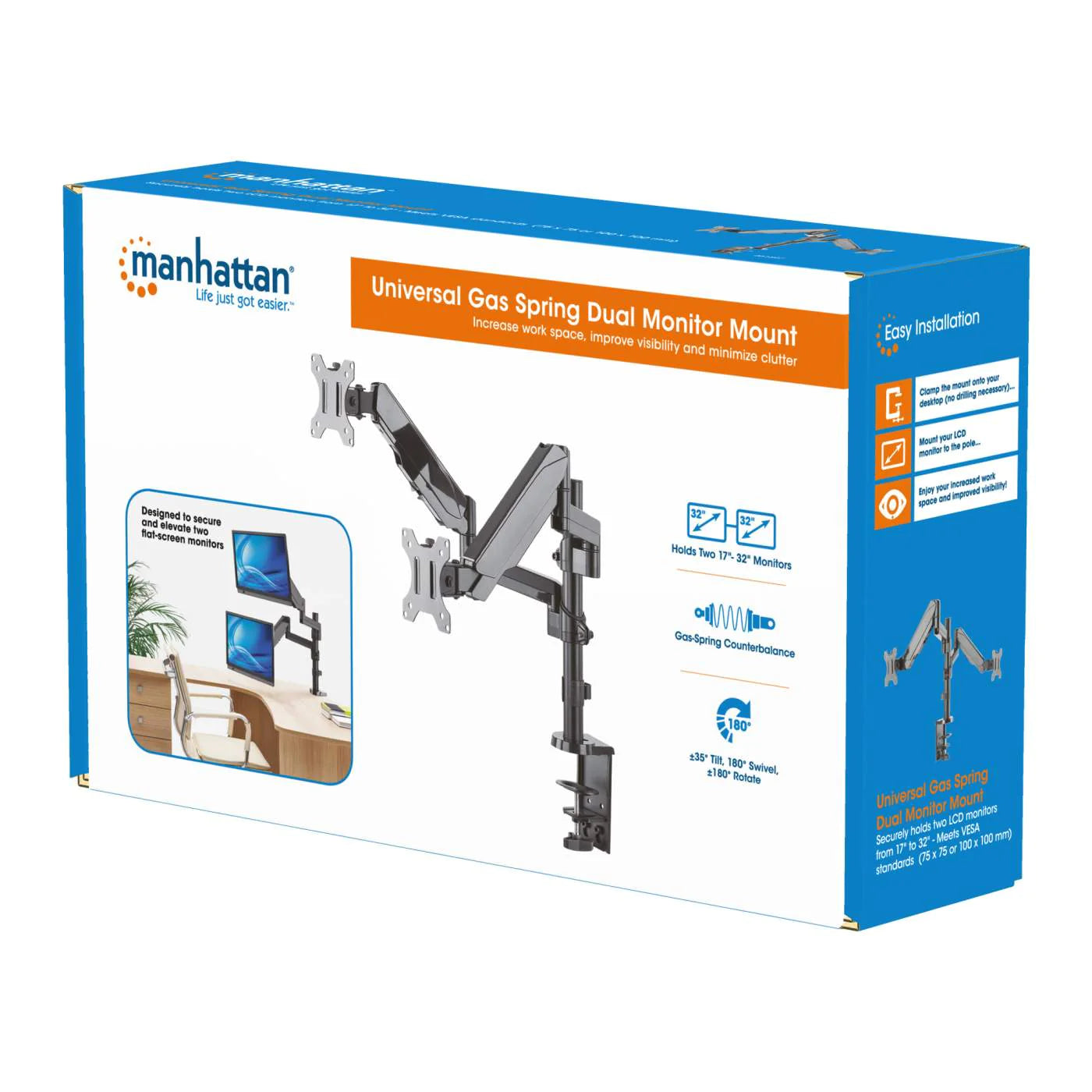 Manhattan 10"-27" Dual LCD Monitor Mount With Gas-Spring Arm | 461597 Monitor Arm Desk Mount Manhattan