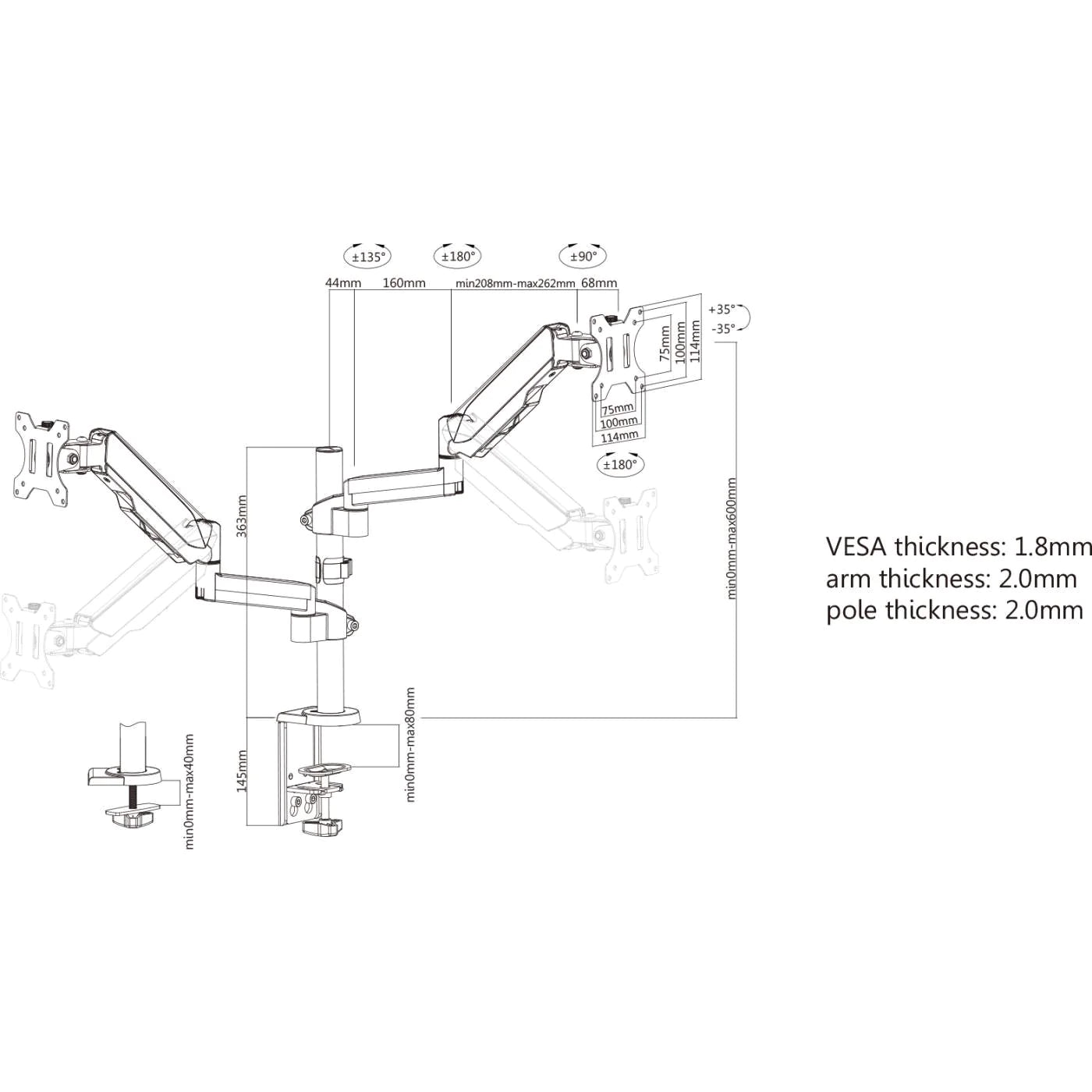 Manhattan 10"-27" Dual LCD Monitor Mount With Gas-Spring Arm | 461597 Monitor Arm Desk Mount Manhattan