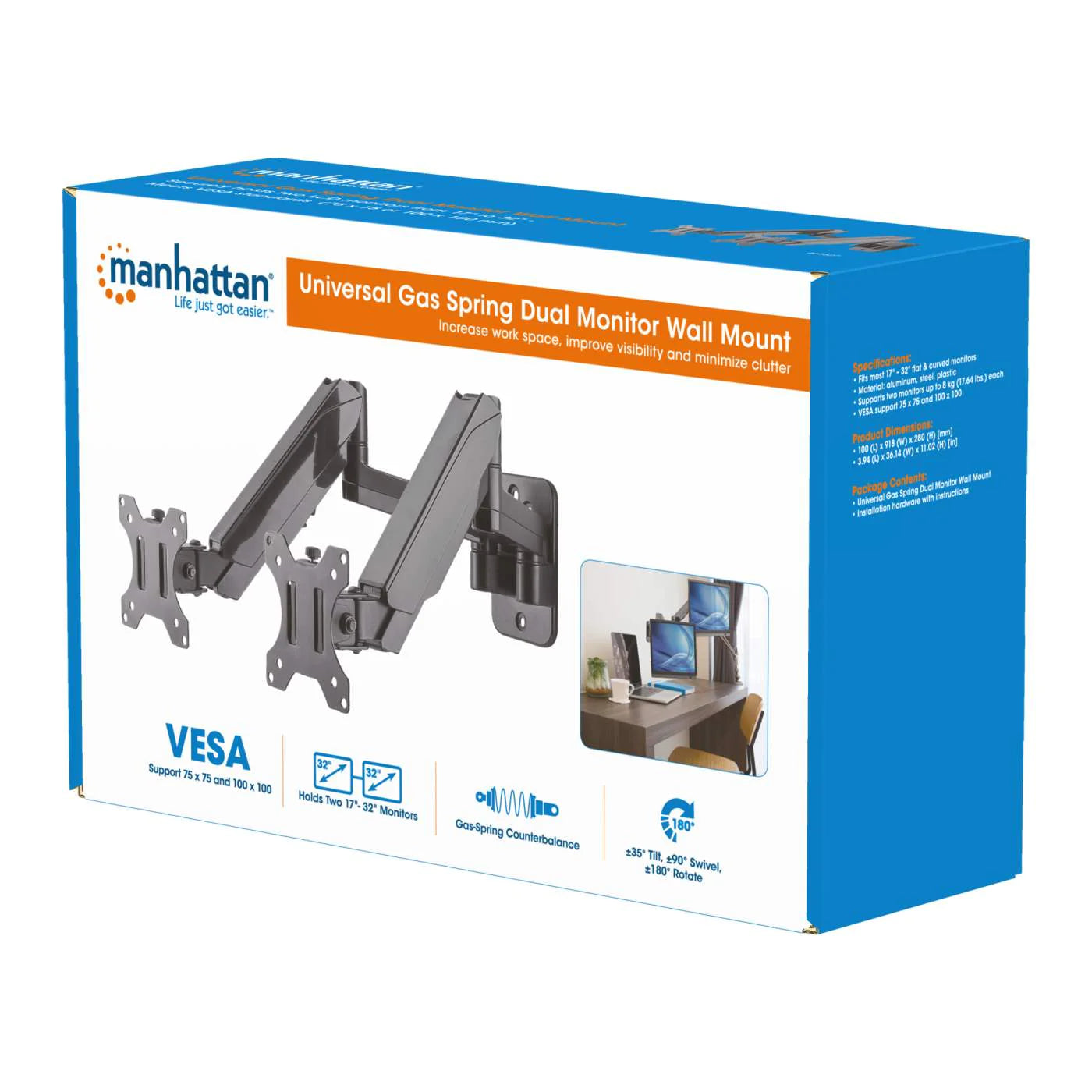 Manhattan 17" - 32" Universal Gas Spring Dual Monitor Wall Mount | 461627 Wall Mount Bracket Manhattan
