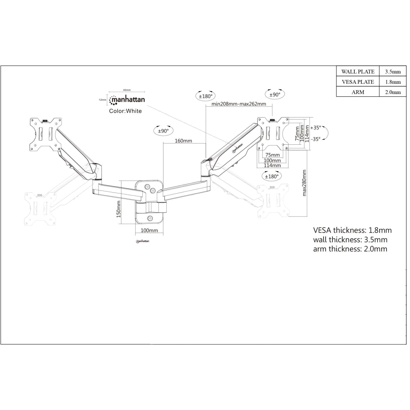Manhattan 17" - 32" Universal Gas Spring Dual Monitor Wall Mount | 461627 Wall Mount Bracket Manhattan