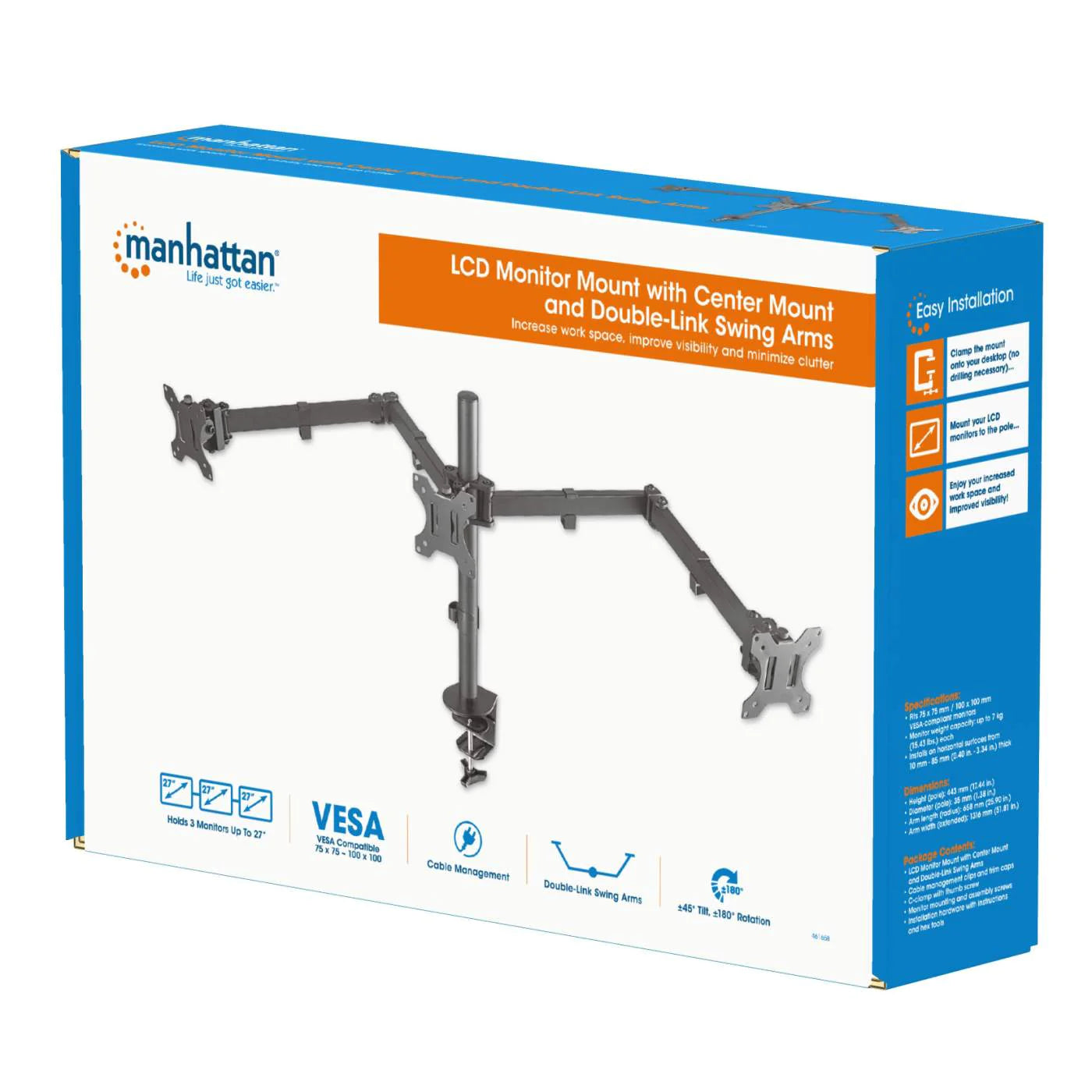 Manhattan 13" - 27" Triple LCD Monitor Mount with Double-Link Swing Arms | 461658 Monitor Arm Desk Mount Manhattan