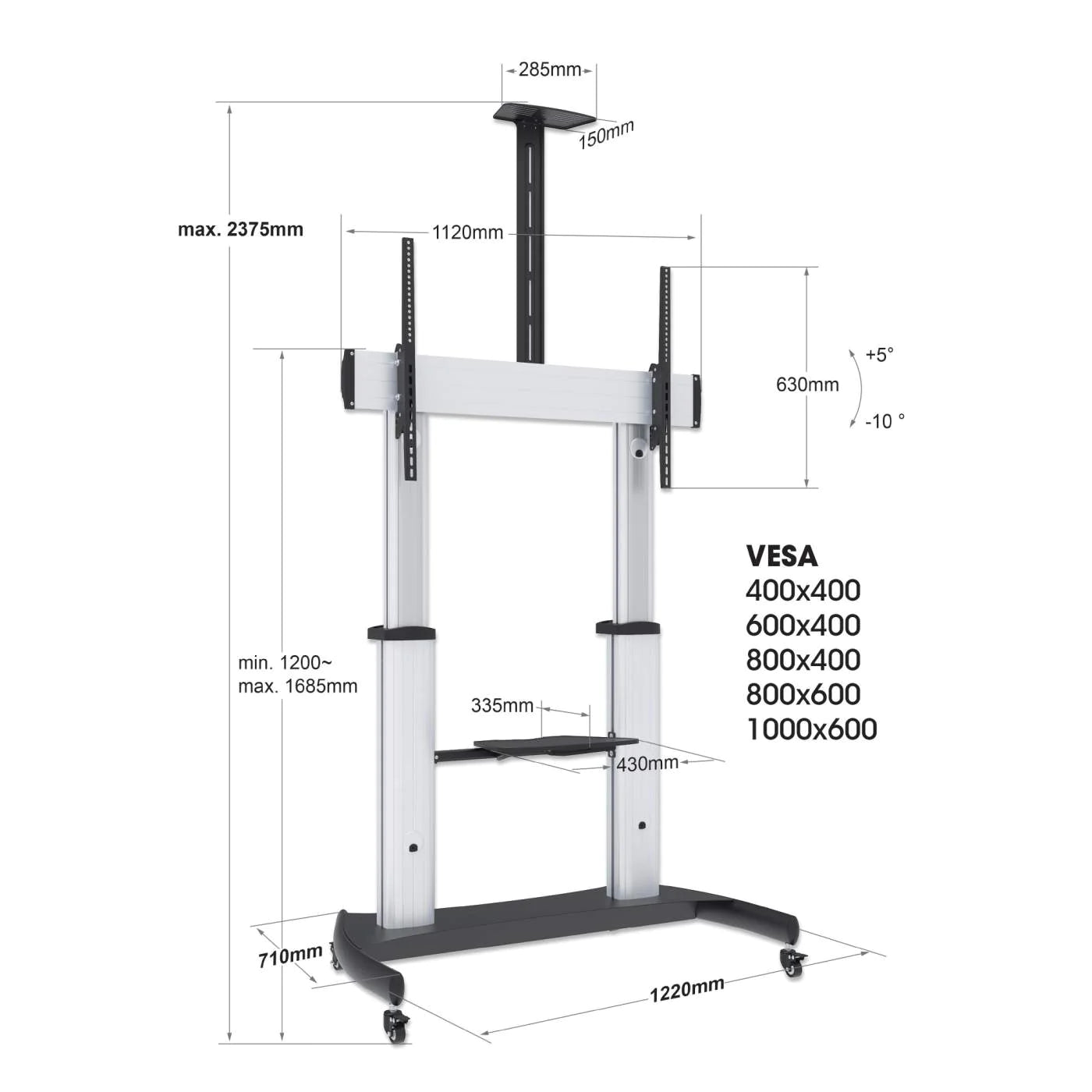 Manhattan 60" - 100" Tilting Height-Adjustable Mobile Display Trolley | 461672 Mobile Trolley Manhattan