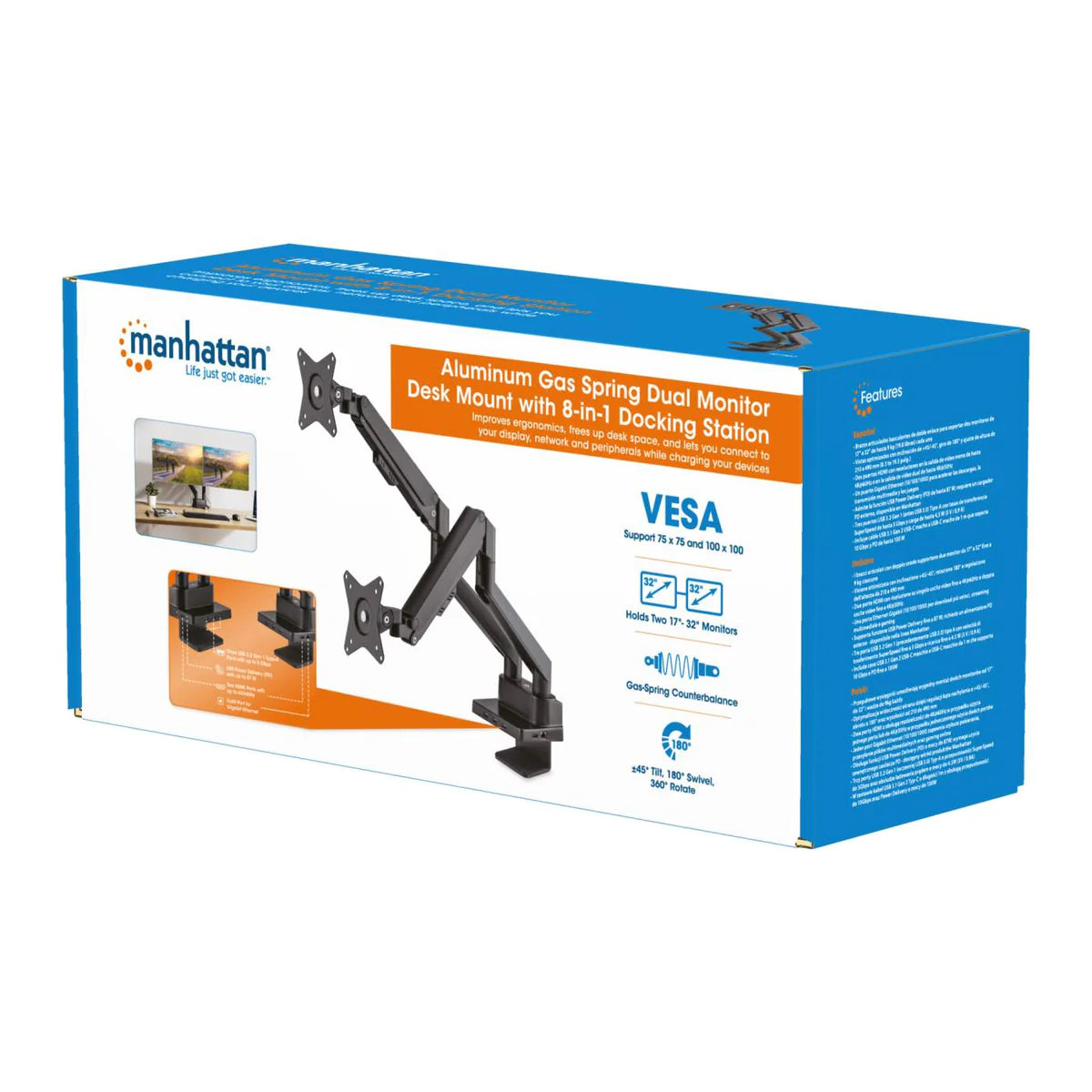 Manhattan 17" - 32" Dual Monitor Desk Mount With Integrated Docking Station | 461887 Monitor Arm Desk Mount Manhattan