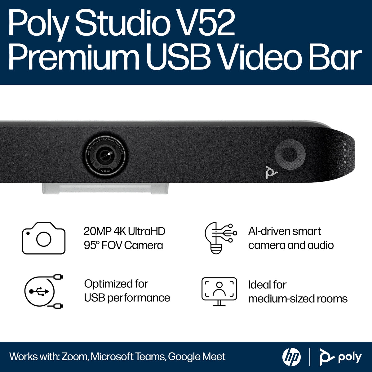 POLY Studio V52 USB Video Bar | A09D4AA#ABU Video Conferencing System Poly