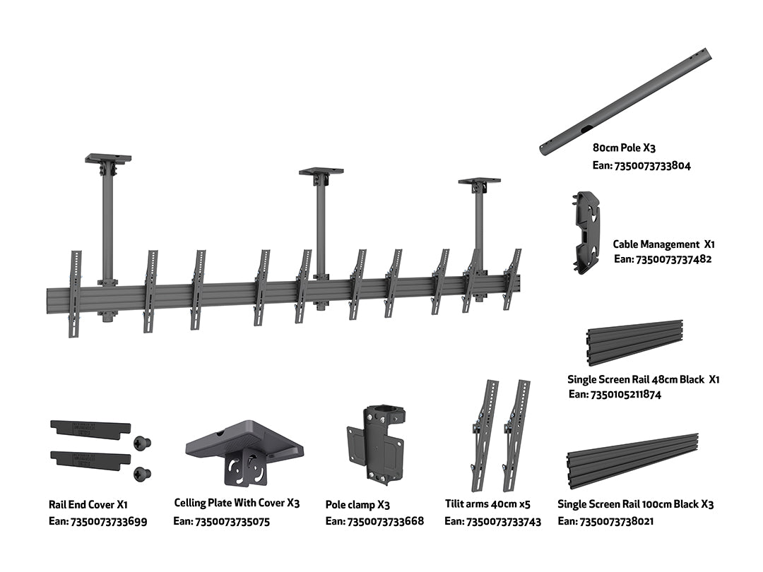 Multibrackets 0.8m Tilt 32"-55" Pro Series Portrait Menu Board Ceiling Mount For 5 Screens Ceiling Mount Bracket Multibrackets