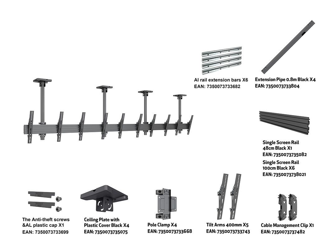 Multibrackets 0.8m Tilt 40"-65" Pro Series Menu Board Ceiling Mount For 5 Screens Ceiling Mount Bracket Multibrackets