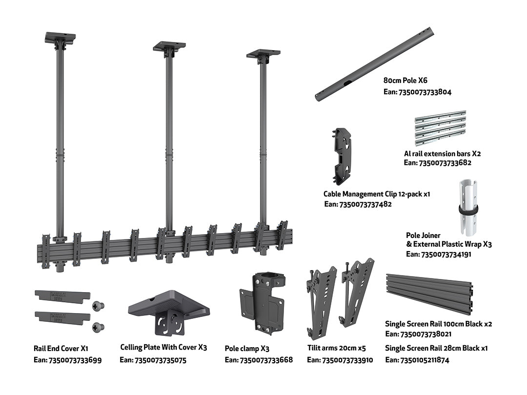 Multibrackets 27"-32" – 155 cm Pole Ceiling Mount for 5 Portrait Screens Ceiling Mount Bracket Multibrackets