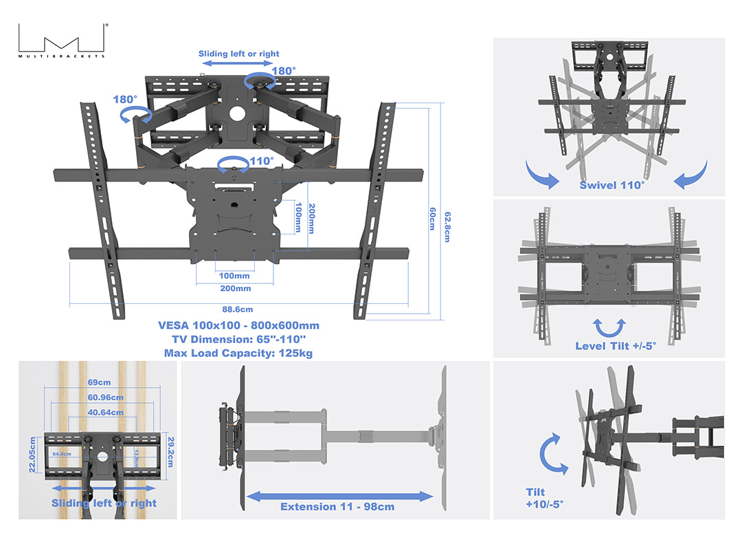 Multibrackets 65" - 110" M Universal Long Reach Arm 980mm SD Dual | 7350105215605 Wall Mount Bracket Multibrackets