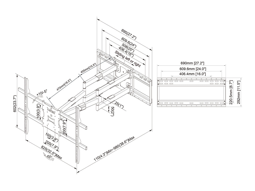 Multibrackets 65" - 110" M Universal Long Reach Arm 980mm SD Dual | 7350105215605 Wall Mount Bracket Multibrackets