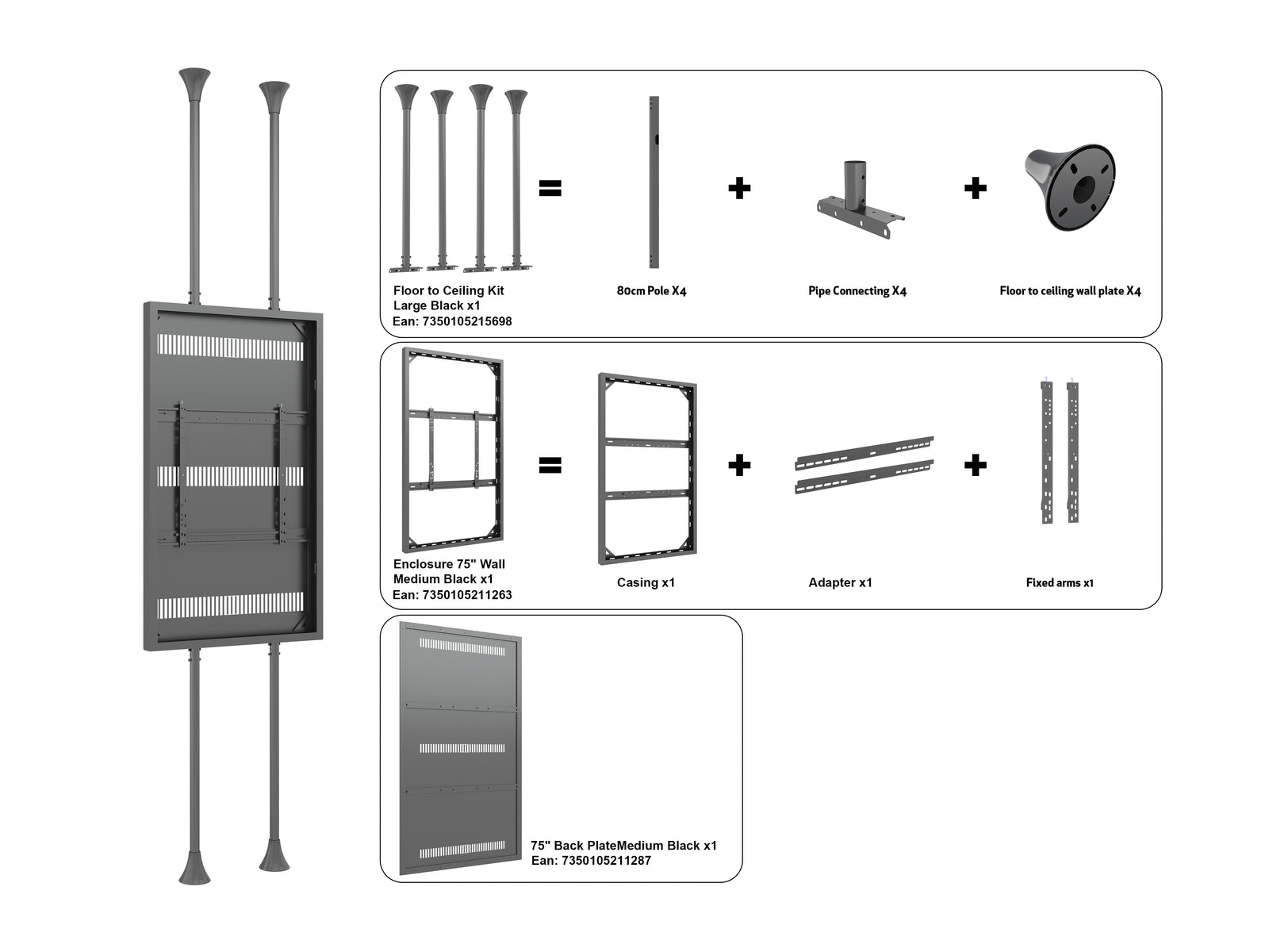 Multibrackets M Pro Series Enclosure 75" Floor to Ceiling Large Black Signage Display Enclosures Multibrackets
