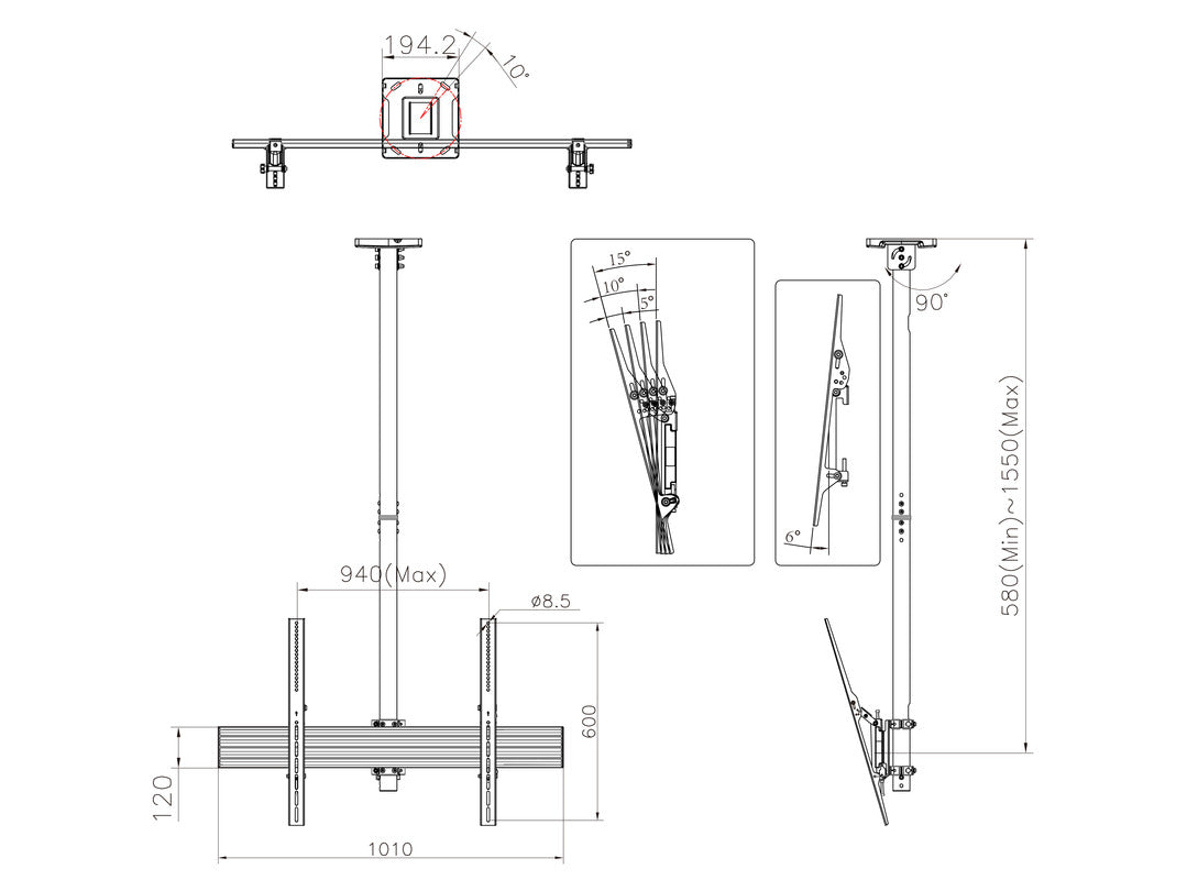 Multibrackets 40” - 75" - 1.5m Pole Single Side Display Ceiling Mount Pro Ceiling Mount Bracket Multibrackets