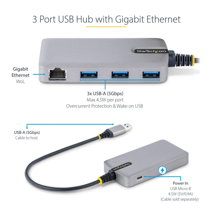 StarTech 5G3AGBB-USB-A-HUB 3-Port USB Hub with Ethernet - 3x USB-A Ports - Gigabit Ethernet (RJ-45) - USB 3.0 5Gbps - Bus-Powered - 1ft/30cm Long Cable - Portable Laptop USB Hub Adapter w/ GbE