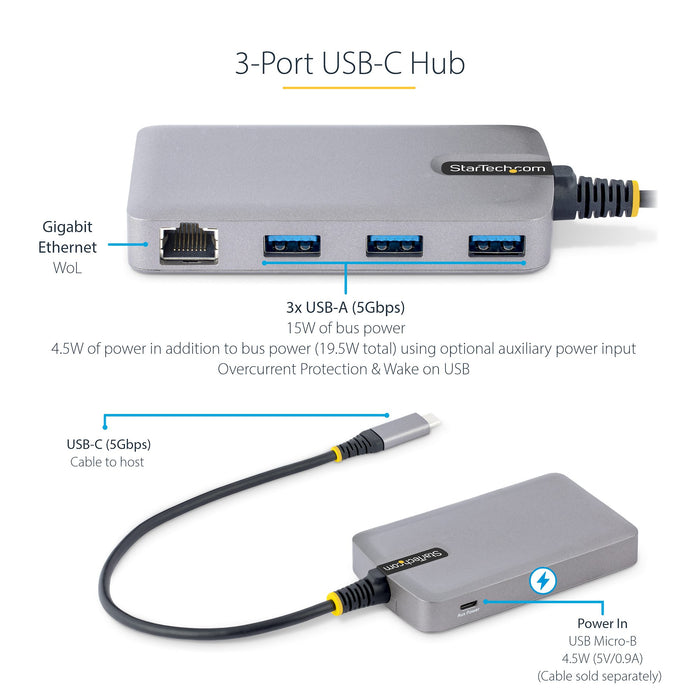 StarTech 5G3AGBB-USB-C-HUB 3-Port USB-C Hub with Ethernet - 3x USB-A Ports, Gigabit Ethernet RJ45, USB 3.0 5Gbps, Bus-Powered, 1ft/30cm Long Cable