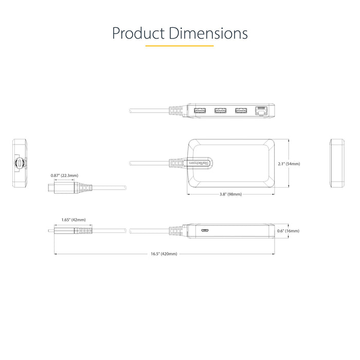 StarTech 5G3AGBB-USB-C-HUB 3-Port USB-C Hub with Ethernet - 3x USB-A Ports, Gigabit Ethernet RJ45, USB 3.0 5Gbps, Bus-Powered, 1ft/30cm Long Cable