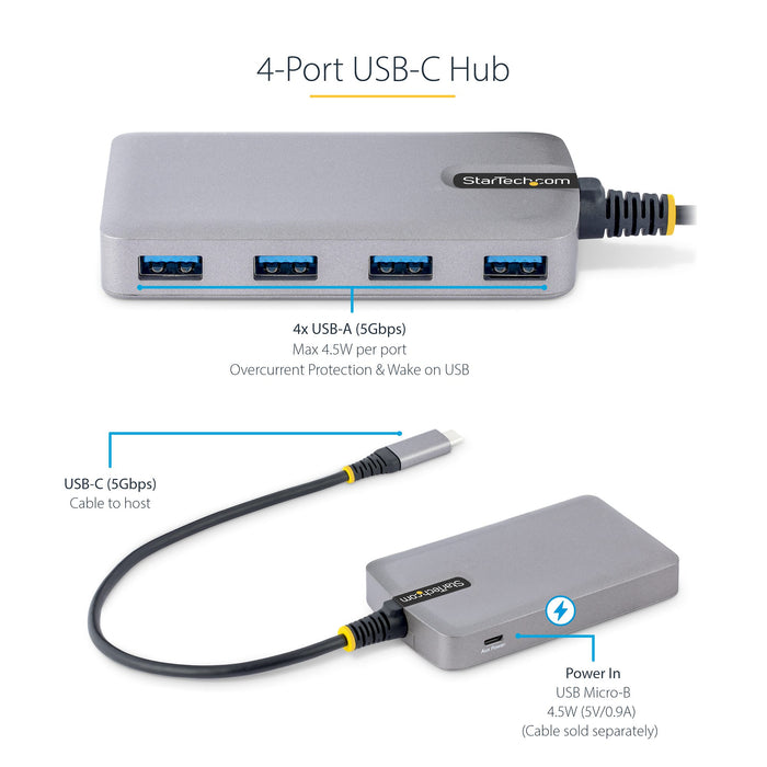 StarTech 5G4AB-USB-C-HUB 4-Port USB-C Hub - 5Gbps - Bus Powered - USB C to 4x USB-A Hub w/ Optional Auxiliary Power Input