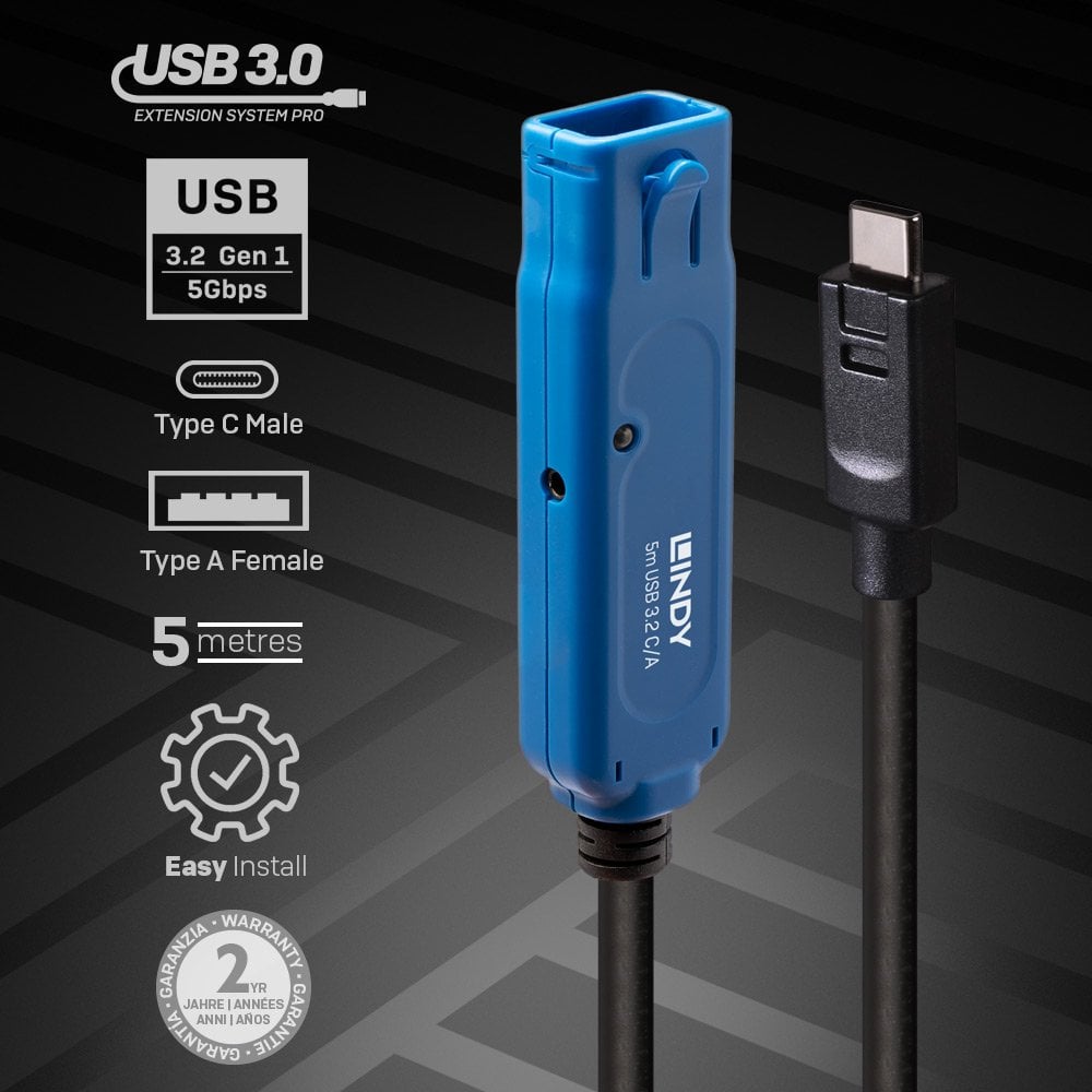 Lindy 5m USB 3.2 5Gbps C/A Active Extension Pro | 43380 USB Cable Lindy