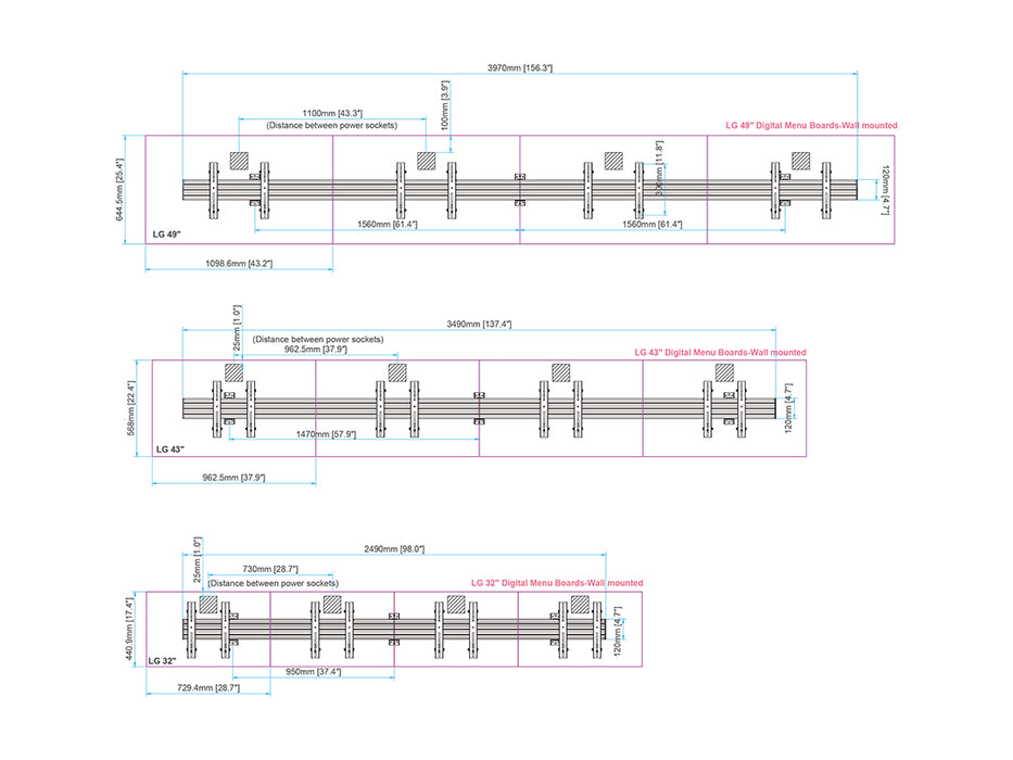 Multibrackets MBW4X1U Tilt 32"-50" Pro Series Menu Board Wall Mount For 4 Screens Menu Board Mounting Systems Multibrackets
