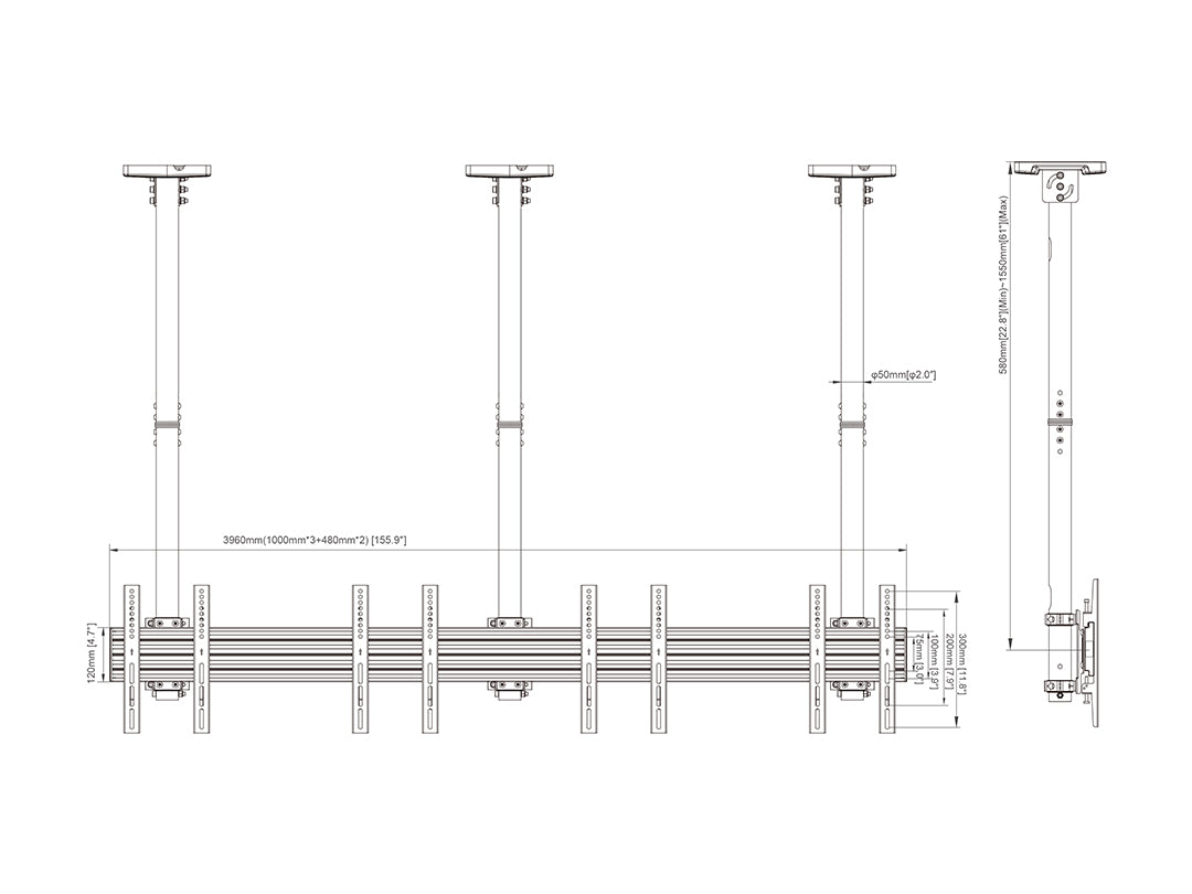 Multibrackets 32" - 50" MBC4X1U 0.5-1.5m Display Ceiling Mount Pro For 4 Screens Ceiling Mount Bracket Multibrackets