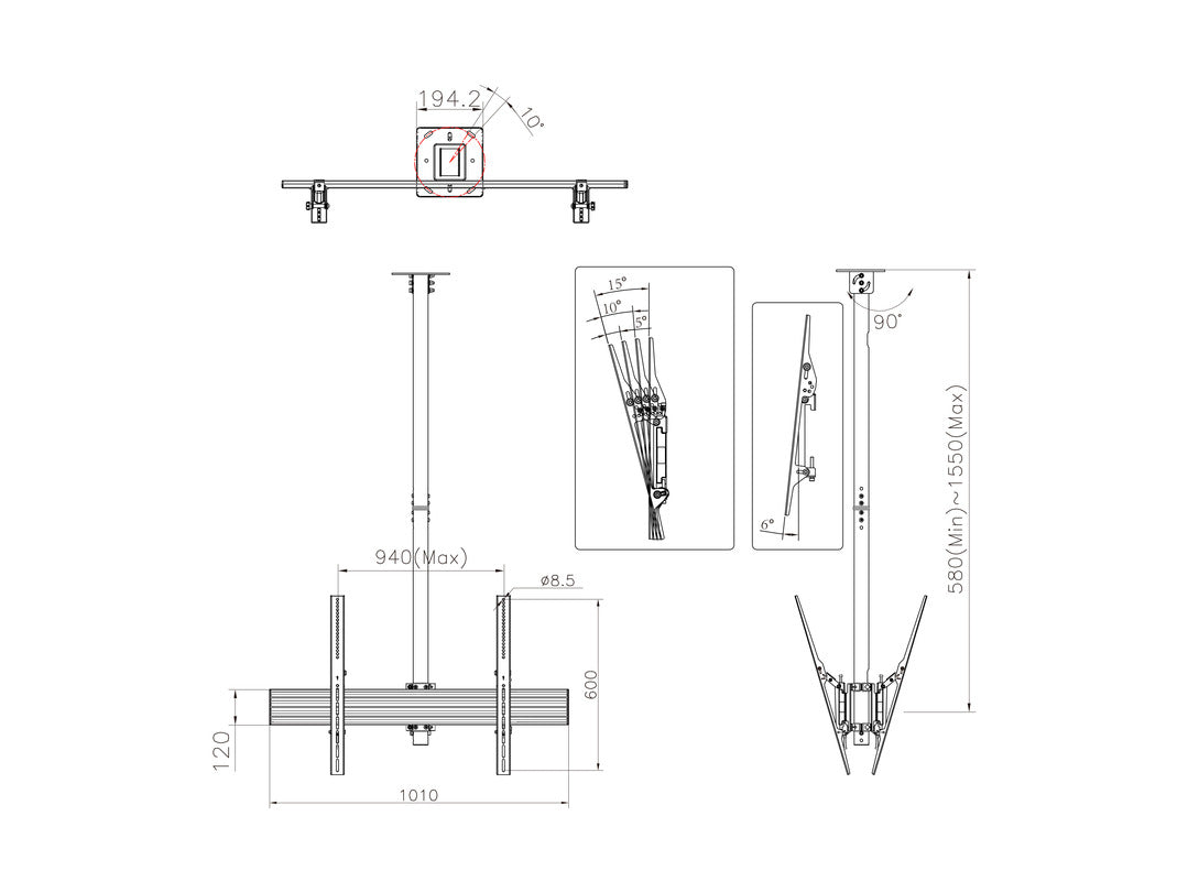 Multibrackets 42" - 75" MBC1UX2HD 1.5m Display Ceiling Mount Pro For 2 Screens Ceiling Mount Bracket Multibrackets