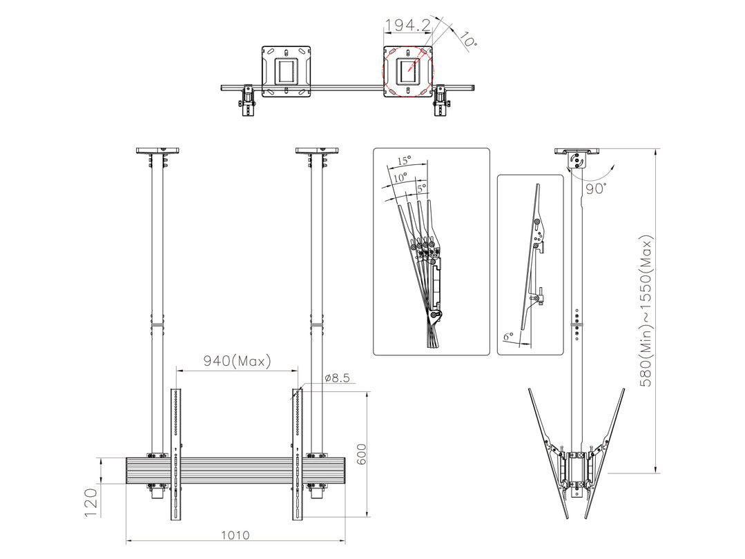 Multibrackets 40” - 100" MBC1UX2SD 1.5m Pole Display Ceiling Mount Pro For 2 Screens Ceiling Mount Bracket Multibrackets
